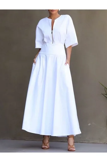 فستان ماكسي نص كم فضفاض بياقة دائرية بسحاب