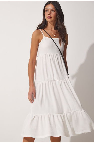 Women's White Halter Pleated Summer Knitted Dress product thumbnail 2