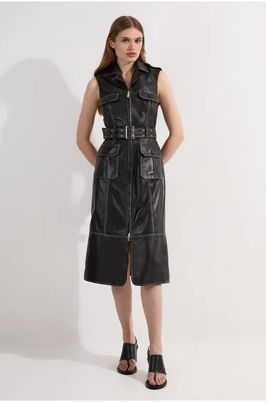 Petite Leather Contrast Stitch Belted Sleeveless Midi Dress