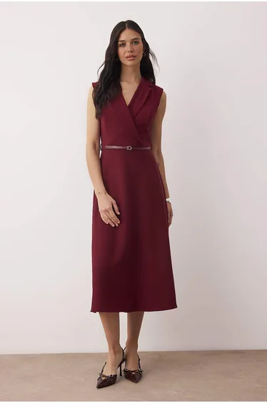 Exclusive collection dark burgundy belted midi woven dress