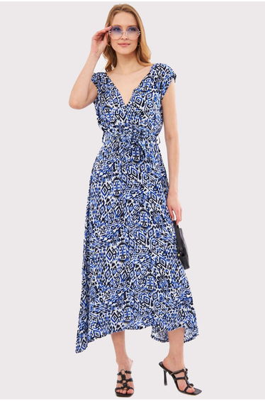 Women's Saks Efta Dress Back And Front Side Double Breasted Belted Patterned Midi Length