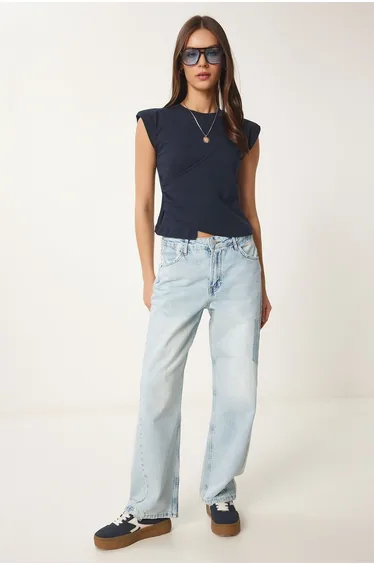 Women's Navy Blue Padded Asymmetrical Knitted Blouse