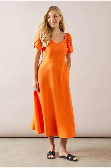 Petite Sweetheart Neck Tulip Sleeve Linen Dress