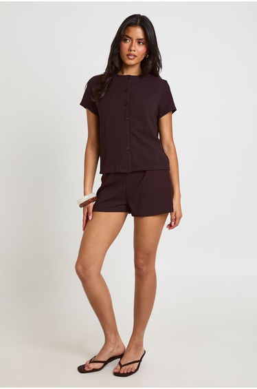 Rib Short Sleeve Button Through Top And Short Set - chocolate