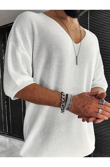 Men White Knitted V-Neck T-Shirt