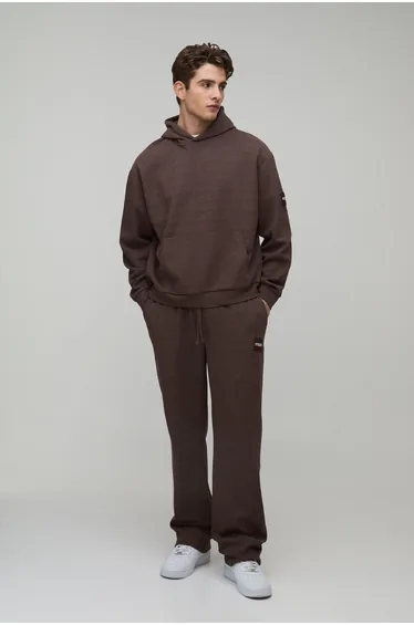 Oversized Boxy Waffle Hooded Tracksuit - dark brown