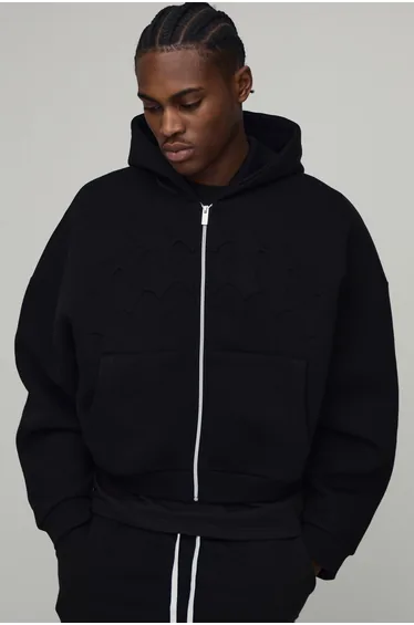 Oversized Shrunken Boxy Embossed Gothic Man Zip Thru Hoodie - black