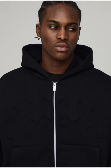 Oversized Shrunken Boxy Embossed Gothic Man Zip Thru Hoodie - black