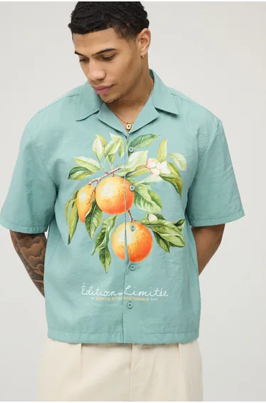 Oversized Boxy Fruit Print Revere Shirt - sage