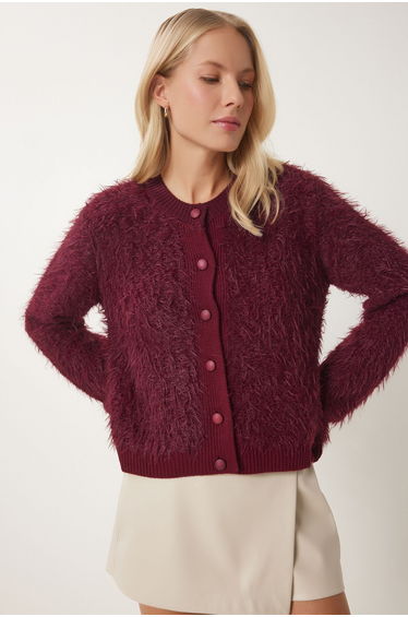 Women's Burgundy Soft Bearded Knitwear Cardigan