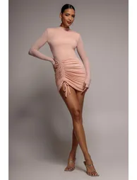 City Goddess High Neck Drawstring Mini Dress - Nude