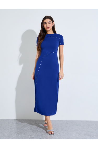 Blue Side Slit A-Line Midi Dress