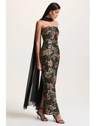 فستان ماكسي شتوي ميش بأكتاف مكشوفة مزين بأحجار بنقشة أزهار - 7