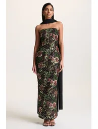 فستان ماكسي شتوي ميش بأكتاف مكشوفة مزين بأحجار بنقشة أزهار - 2