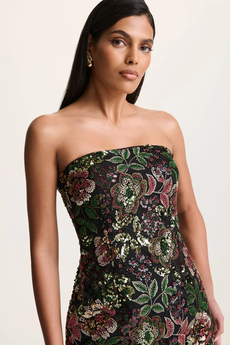 فستان ماكسي شتوي ميش بأكتاف مكشوفة مزين بأحجار بنقشة أزهار - 4