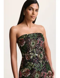 فستان ماكسي شتوي ميش بأكتاف مكشوفة مزين بأحجار بنقشة أزهار - 4