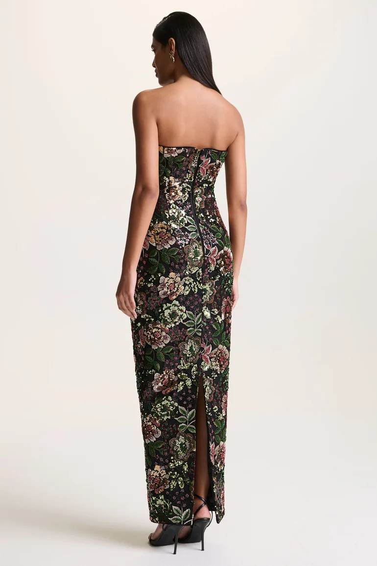 فستان ماكسي شتوي ميش بأكتاف مكشوفة مزين بأحجار بنقشة أزهار - 3