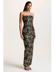 فستان ماكسي شتوي ميش بأكتاف مكشوفة مزين بأحجار بنقشة أزهار - 8