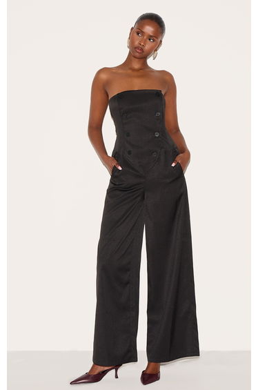 Black Tailored Woven Button Up Wide Leg Bandeau Jumpsuit