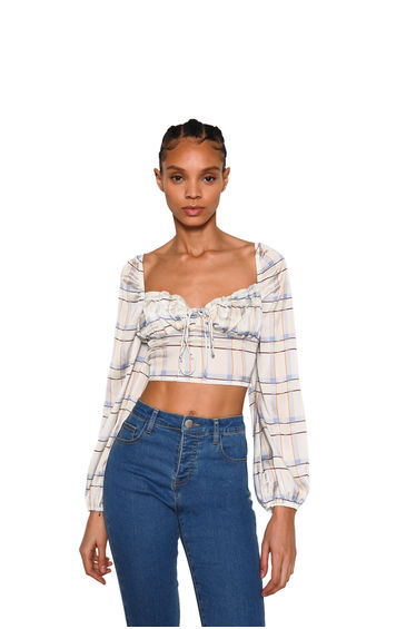 Glamorous Cream Green Check Satin Milkmaid Long Sleeve Crop Top
