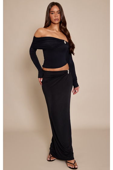Black Matte Sculpt Trim Detail Maxi Skirt