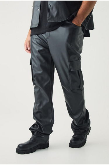 Plus Pu Cargo Stacked Flared Trousers - black