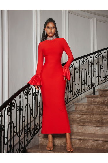 Omer Rhinestone Bandage Dress In Red