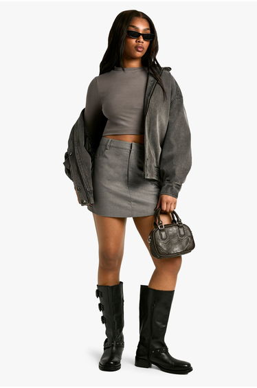 Boohoo Basics Long Sleeve Crew Neck Crop Top - charcoal