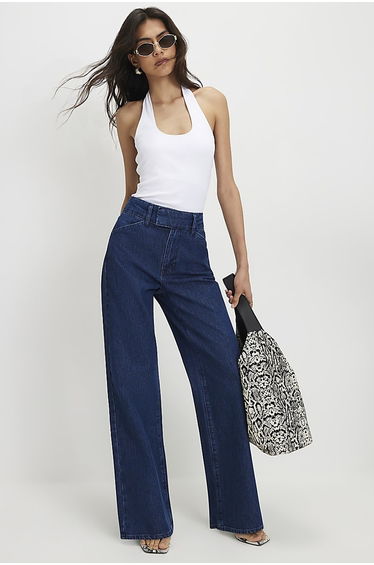 Blue Tab Front Tailored Wide Leg Jeans