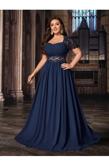 QOQ Noble Plus Size Women Navy Blue Formal Dress Elegant Evening Gown Party Dresses Wedding Guest Lace Puff Sleeve Chiffon Gown
