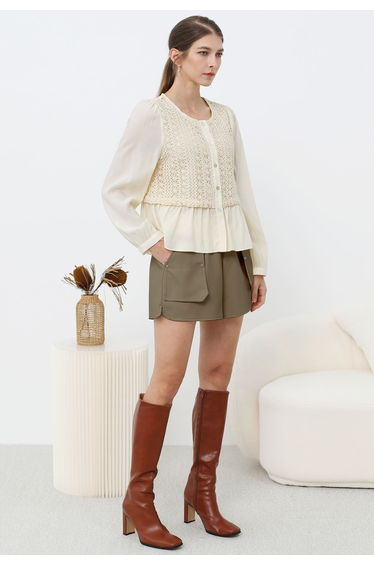 Patch Side Pocket Faux Leather Utility Shorts in Khaki