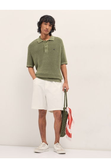 Men Pure Cotton Textured Flat Knit Regular Fit Polo