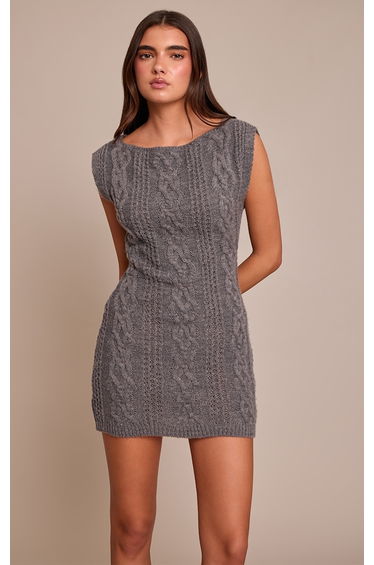 Grey Cable Knit Short Sleeve Mini Dress
