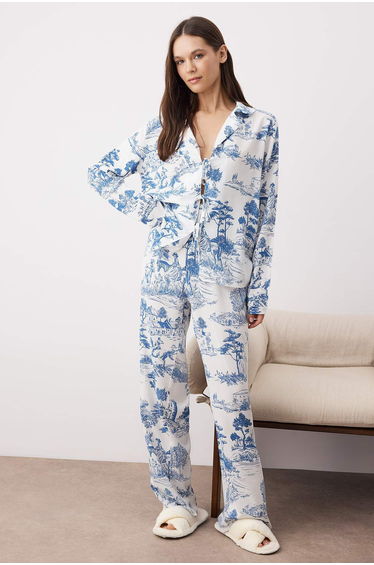 Blue-Multicolored Printed Shally Woven Pajama Set