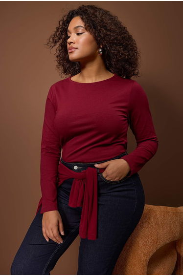 Burgundy cotton boat neck fitted/flexible body blouse