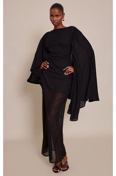 Black Chiffon Cape Detail Maxi Dress
