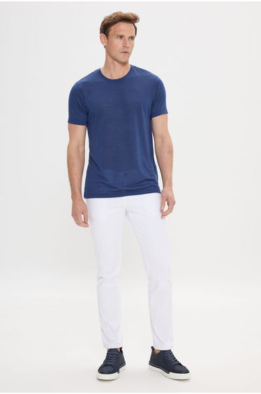 Men's Navy Blue Slim Fit Slim Fit Crew Neck Linen Look T-Shirt