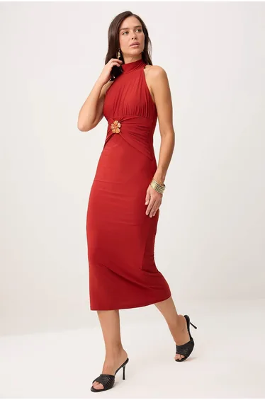 فستان ترينديول برتقالي ميدي بقصة مستقيمة بياقة هالتر