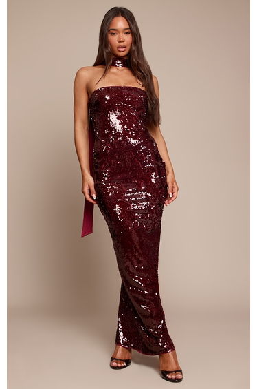 Burgundy Sequin Scarf Detail Bandeau Maxi Dress