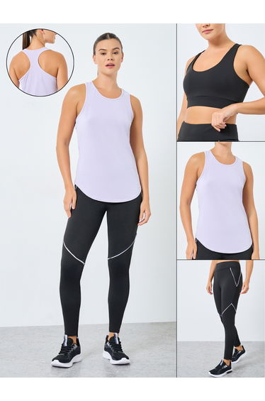 Textured Racerback Tank with Sports Bra and Contrast Stitch Detail Leggings Set