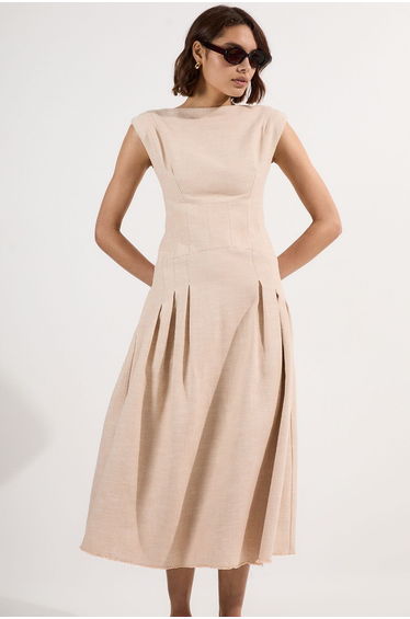 Spring Tweed Tailored Sleeveless Full Skirted Midi Dress