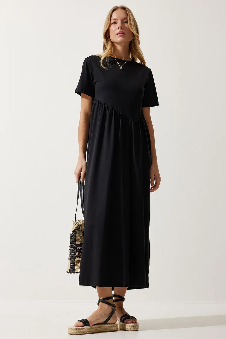 Women's Black Gathered Long Knitted Dress