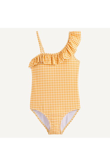 Checked Asymmetric Ruffled Neckline Swimsuit