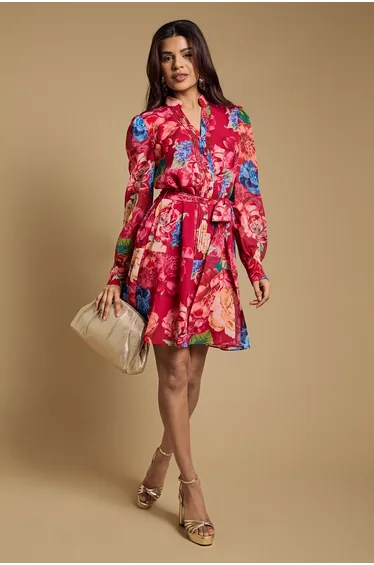 Petite Printed Chiffon Button Up Belted Waist Mini Dress