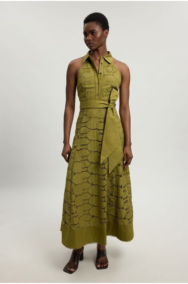 Cutwork Cotton Halterneck Tie Detail Woven Midi Dress