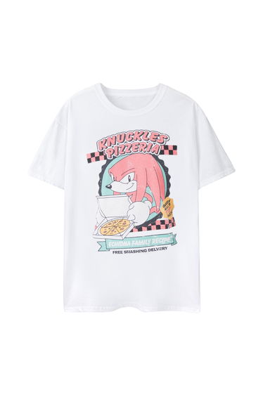 Sonic The Hedgehog Mens Knuckles Pizzeria Short-Sleeved T-Shirt - White