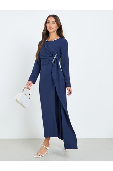 Women Blue Embellished A-Line Maxi Dress