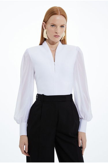 Bandage Figure Form Zip Detail Chiffon Sleeve Knit Top