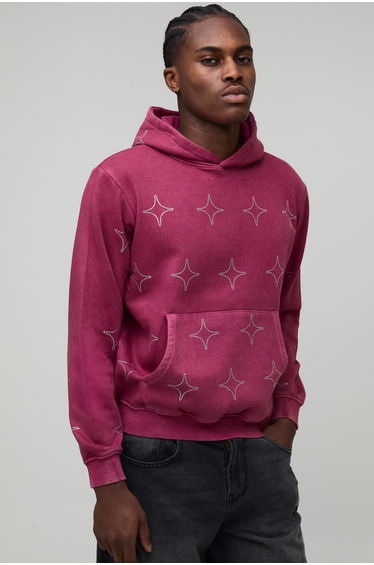 Boxy Washed All Over Rhinestone Hoodie - pink