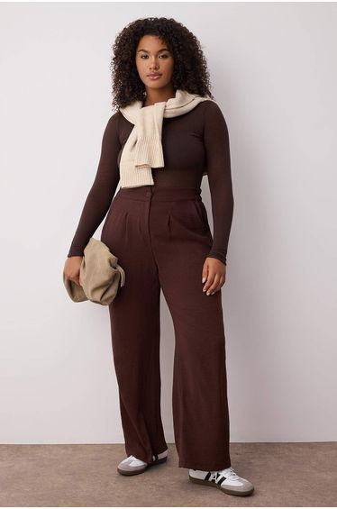 Brown Elastic High Waist Pleated Wide Leg Woven Trousers